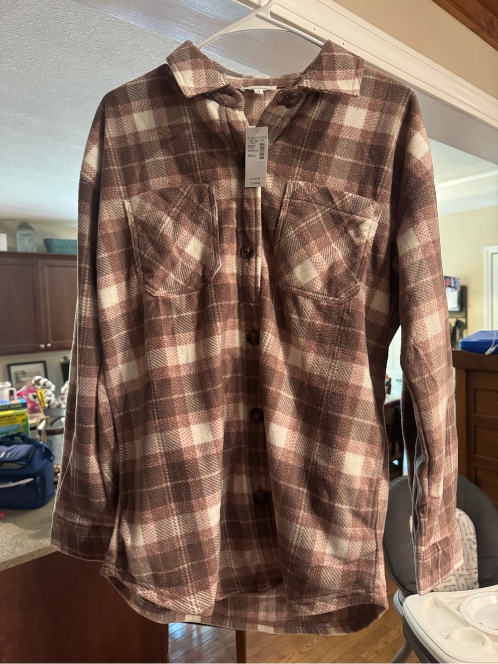 Plaid Button-Front Shacket in Brown and Cream